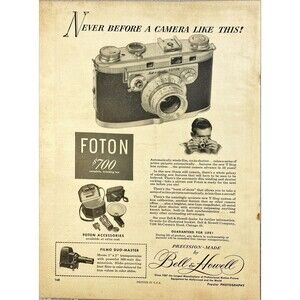 Bell & Howell Futon 35mm Camera "Never Before a Camera Like This!" Print Ad 1949